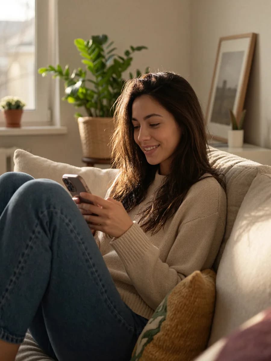 Anna checking her phone at home while the AI handles conversations